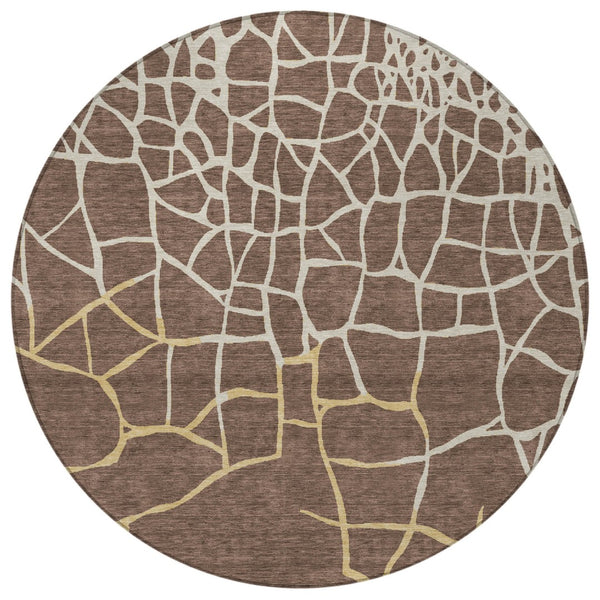 Homeroots 3' Beige And Tan Abstract Washable Area Rug For Indoor And Outdoor Spaces, Stain Resistant Design 8' Round Polyester 601112