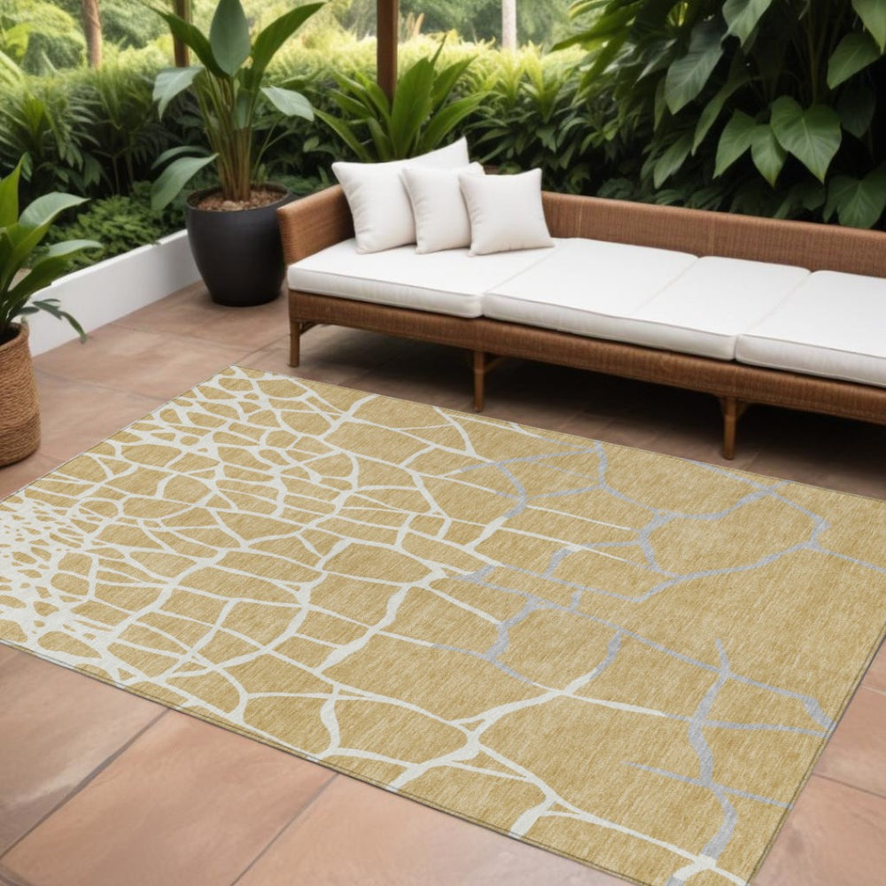 HomeRoots 9' X 12' Stylish Gold and Beige Abstract Washable Area Rug for Indoor and Outdoor High-Traffic Areas 601126