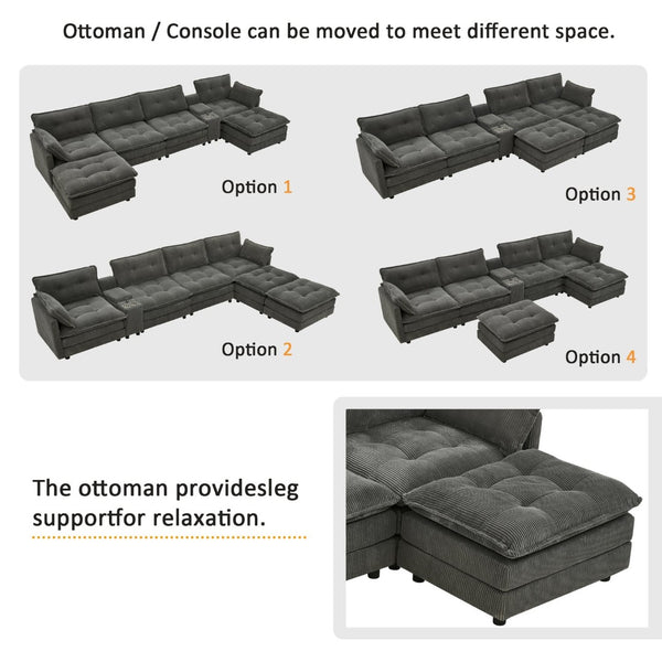 English Elm 154" Corduroy U-shaped Sectional with Ottomans Six Seat Modular Cloud Sofa Usb Console Grey W1998S00103