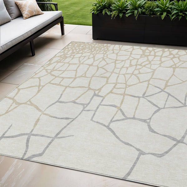 Homeroots 3' Beige And Tan Abstract Washable Area Rug For Indoor And Outdoor Spaces, Stain Resistant Design 5' X 8' Polyester 601135