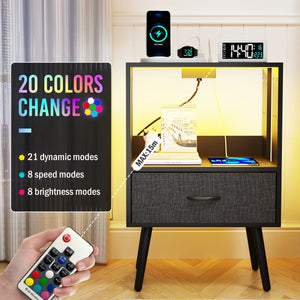 English Elm 2 Pack Modern Nightstands With Led Lighting & Charging Station - Stylish Fabric Drawers Included W1550P272495