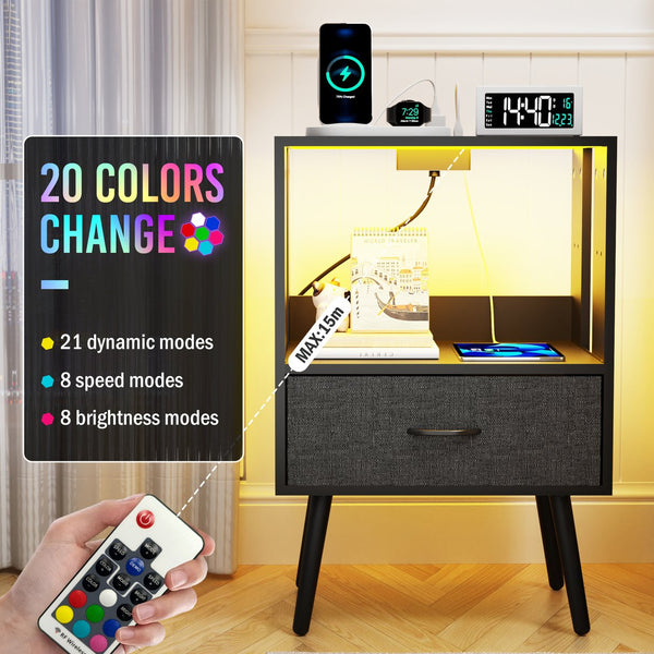 English Elm 2 Pack Modern Nightstands With Led Lighting & Charging Station - Stylish Fabric Drawers Included W1550P272495