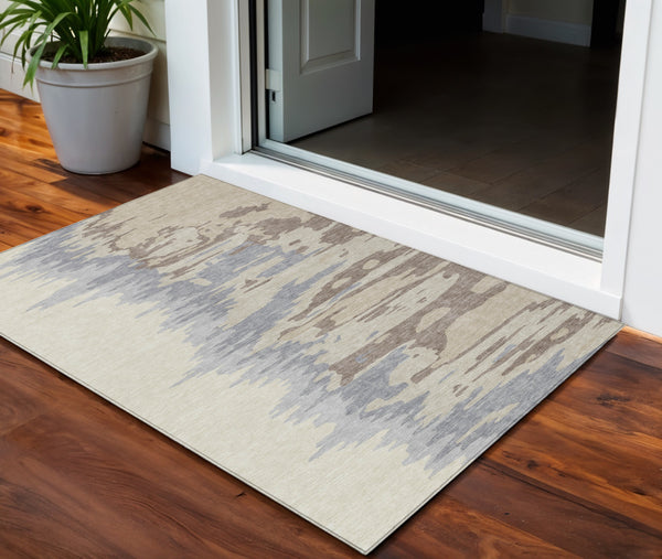Homeroots 3' Stylish Abstract Beige Brown Gray Washable Indoor Outdoor Area Rug For Versatile Spaces 3' X 5' Polyester 601170