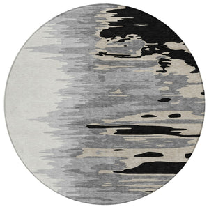 HomeRoots 5' Modern Abstract Washable Area Rug in Black, Gray & Ivory for Indoor/Outdoor Durability & Style 8' Round 601178