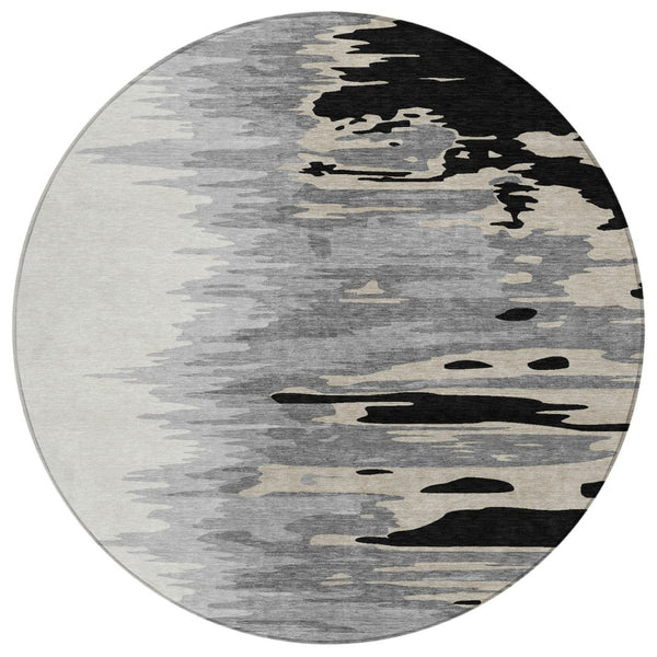 HomeRoots 5' Modern Abstract Washable Area Rug in Black, Gray & Ivory for Indoor/Outdoor Durability & Style 8' Round 601178
