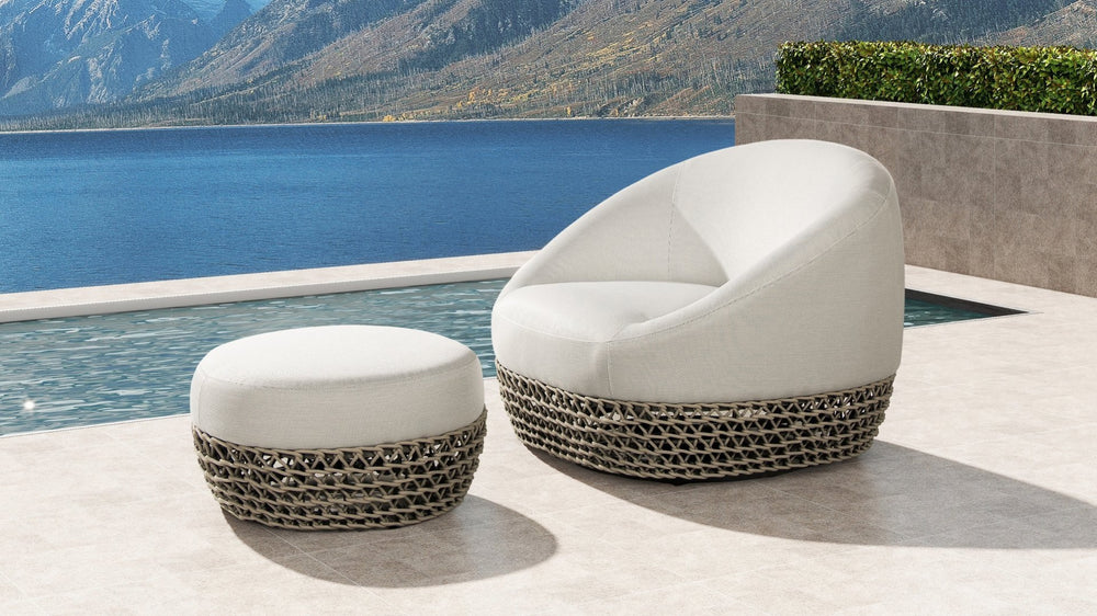 English Elm Willow Round Outdoor Ottoman Woven Olefin Upholstery Uv Resistant Patio Footrest B2719P245995