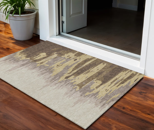 Homeroots 3' Stylish Abstract Beige Brown Gray Washable Indoor Outdoor Area Rug For Versatile Spaces 3' X 5' Polyester 601188