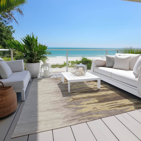 Homeroots 3' Stylish Abstract Beige Brown Gray Washable Indoor Outdoor Area Rug For Versatile Spaces 3' X 5' Polyester 601188