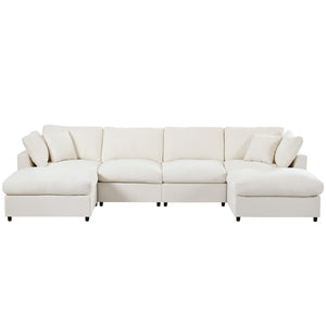 English Elm U_style Six Seat Chenille U Shaped Sectional Modular Sofa with Movable Ottomans Beige WY000474AAA