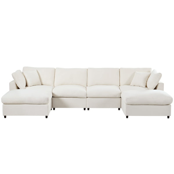 English Elm U_style Six Seat Chenille U Shaped Sectional Modular Sofa with Movable Ottomans Beige WY000474AAA