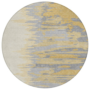 HomeRoots 5' Modern Gold Gray Beige Abstract Washable Area Rug for Indoor Outdoor Spaces - Durable Design 8' Round 601208