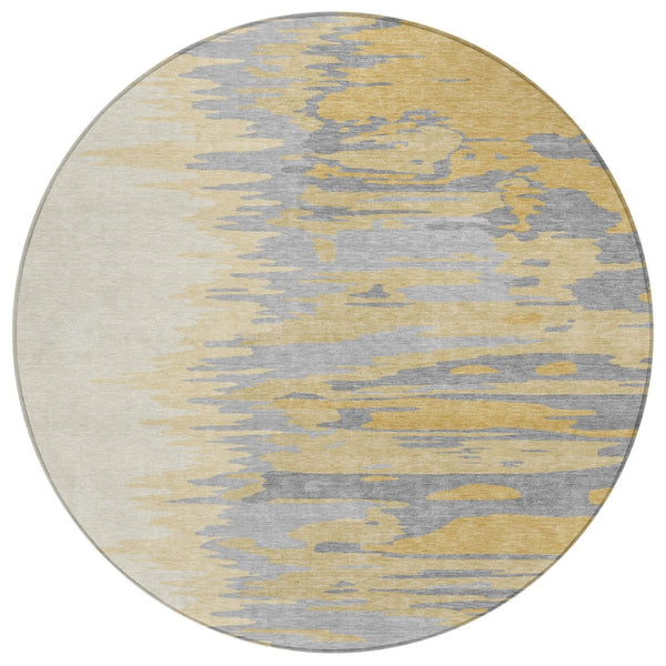HomeRoots 5' Modern Gold Gray Beige Abstract Washable Area Rug for Indoor Outdoor Spaces - Durable Design 8' Round 601208