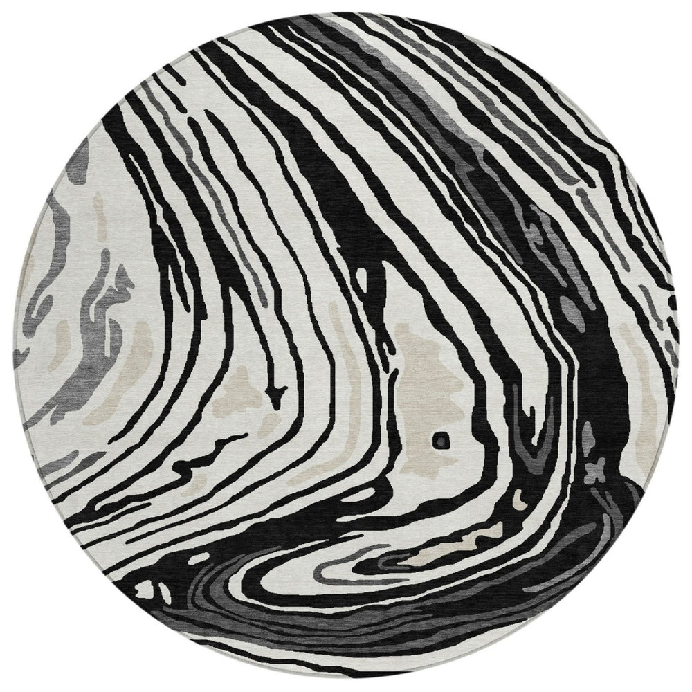 HomeRoots 5' Modern Abstract Washable Area Rug in Black, Gray, and Ivory for Indoor or Outdoor Spaces 8' Round 601250