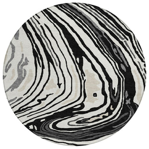 HomeRoots 5' Modern Abstract Washable Area Rug in Black, Gray, and Ivory for Indoor or Outdoor Spaces 8' Round 601250