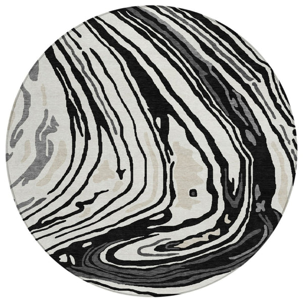 HomeRoots 5' Modern Abstract Washable Area Rug in Black, Gray, and Ivory for Indoor or Outdoor Spaces 8' Round 601250