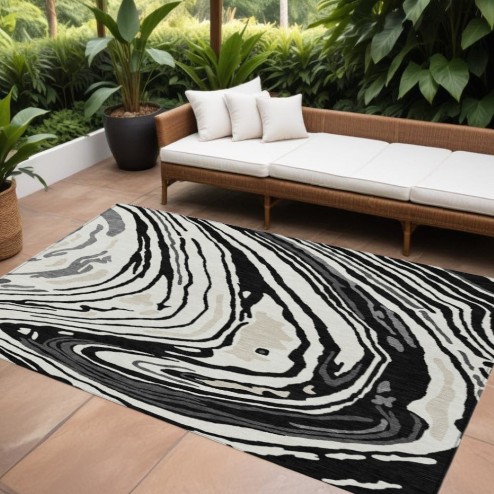 HomeRoots 9' x 12' Abstract Area Rug in Black, Gray & Ivory - Washable, Stylish, Indoor/Outdoor Versatility! 601252