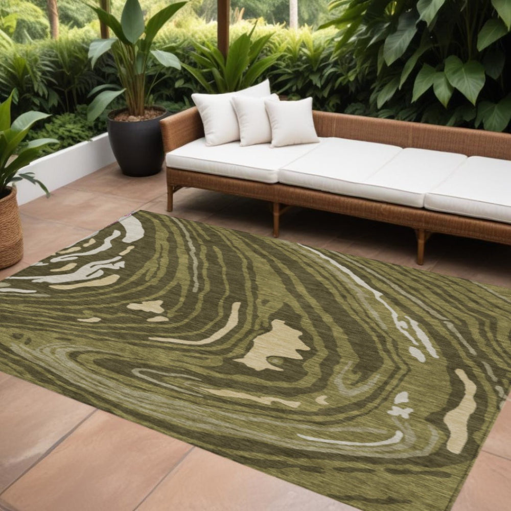 HomeRoots 9' X 12' Olive Green Beige Abstract Area Rug - Stylish, Washable, Durable for Indoor & Outdoor Use 601294