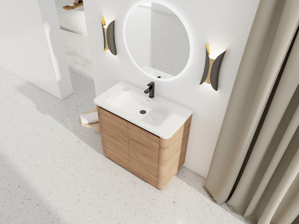 English Elm 36'' Freestanding Bathroom Vanity with White Ceramic Sink, Soft-Close Doors, Plywood, Adjustable Shelves W999P351896