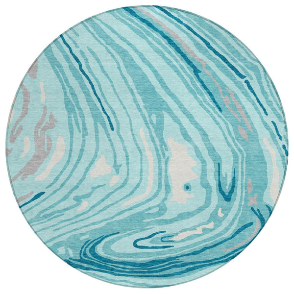 HomeRoots 5' Turquoise Teal Blue and Gray Abstract Washable Area Rug for Indoor and Outdoor Spaces 8' Round 601310