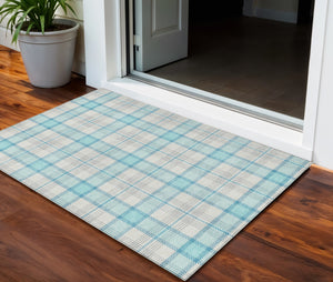 Homeroots 3' Aqua And Gray Plaid Washable Area Rug - Durable Indoor Outdoor Design For High Traffic Spaces 3' X 5' Polyester 601314