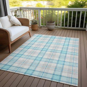 Homeroots 3' Aqua And Gray Plaid Washable Area Rug - Durable Indoor Outdoor Design For High Traffic Spaces 3' X 5' Polyester 601314