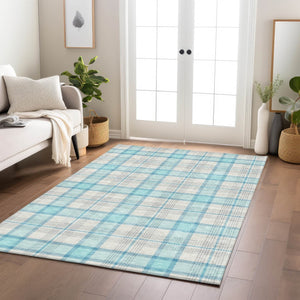 Homeroots 3' Aqua And Gray Plaid Washable Area Rug - Durable Indoor Outdoor Design For High Traffic Spaces 3' X 5' Polyester 601314