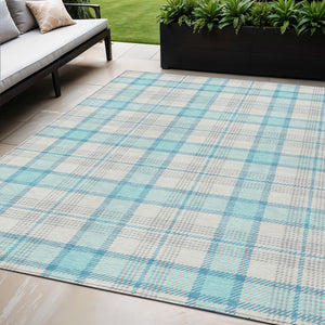 Homeroots 3' Aqua And Gray Plaid Washable Area Rug - Durable Indoor Outdoor Design For High Traffic Spaces 5' X 8' Polyester 601315