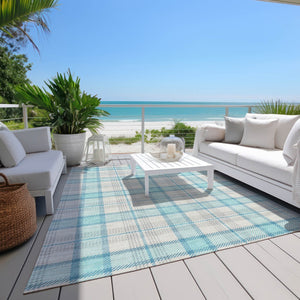 Homeroots 3' Aqua And Gray Plaid Washable Area Rug - Durable Indoor Outdoor Design For High Traffic Spaces 5' X 8' Polyester 601315