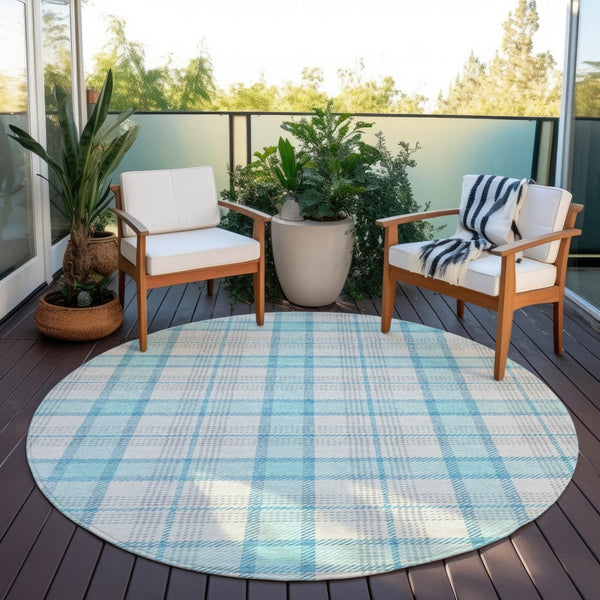 Homeroots 3' Aqua And Gray Plaid Washable Area Rug - Durable Indoor Outdoor Design For High Traffic Spaces 8' Round Polyester 601316