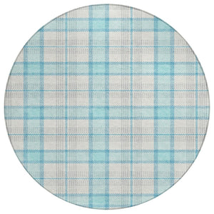 HomeRoots 5' Aqua and Gray Plaid Indoor Outdoor Area Rug - Soft, Durable, Washable, Perfect for Coastal Spaces 8' Round 601316
