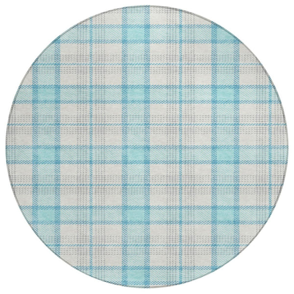 HomeRoots 5' Aqua and Gray Plaid Indoor Outdoor Area Rug - Soft, Durable, Washable, Perfect for Coastal Spaces 8' Round 601316