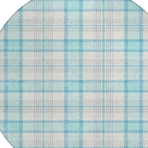 Homeroots 3' Aqua And Gray Plaid Washable Area Rug - Durable Indoor Outdoor Design For High Traffic Spaces 8' Round Polyester 601316