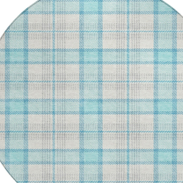 Homeroots 3' Aqua And Gray Plaid Washable Area Rug - Durable Indoor Outdoor Design For High Traffic Spaces 8' Round Polyester 601316