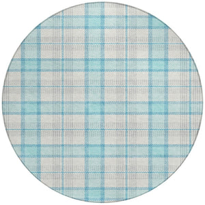 Homeroots 3' Aqua And Gray Plaid Washable Area Rug - Durable Indoor Outdoor Design For High Traffic Spaces 8' Round Polyester 601316