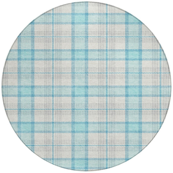 Homeroots 3' Aqua And Gray Plaid Washable Area Rug - Durable Indoor Outdoor Design For High Traffic Spaces 8' Round Polyester 601316