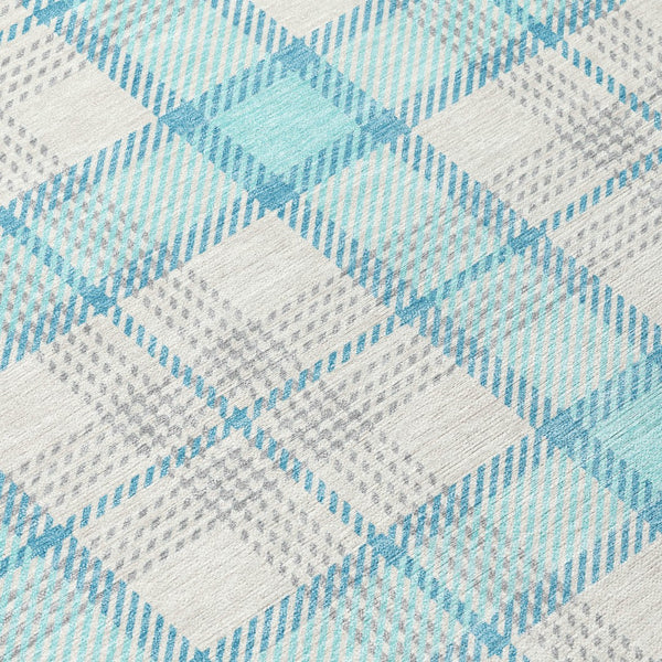 Homeroots 3' Aqua And Gray Plaid Washable Area Rug - Durable Indoor Outdoor Design For High Traffic Spaces 8' Round Polyester 601316