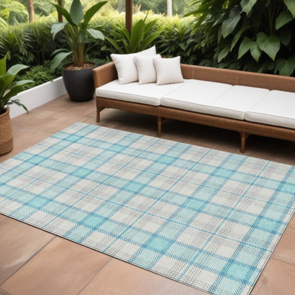 HomeRoots 5' Aqua and Gray Plaid Indoor Outdoor Area Rug - Soft, Durable, Washable, Perfect for Coastal Spaces 8' X 10' 601317
