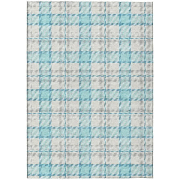 HomeRoots 9' X 12' Aqua and Gray Plaid Rug – Indoor/Outdoor, Stain-Resistant, Machine Washable, Coastal Charm! 601318