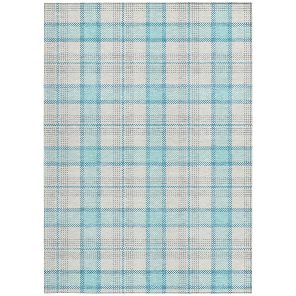 Homeroots 3' Aqua And Gray Plaid Washable Area Rug - Durable Indoor Outdoor Design For High Traffic Spaces 10' X 14' Polyester 601319