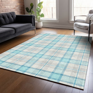 Homeroots 3' Aqua And Gray Plaid Washable Area Rug - Durable Indoor Outdoor Design For High Traffic Spaces 10' X 14' Polyester 601319
