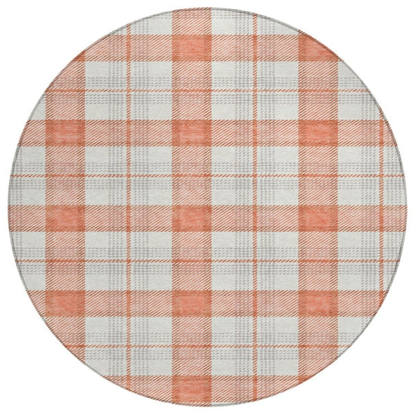 HomeRoots 5' Coral and Beige Plaid Washable Area Rug - Stylish, Durable, and Perfect for Indoor or Outdoor Spaces 8' Round 601322