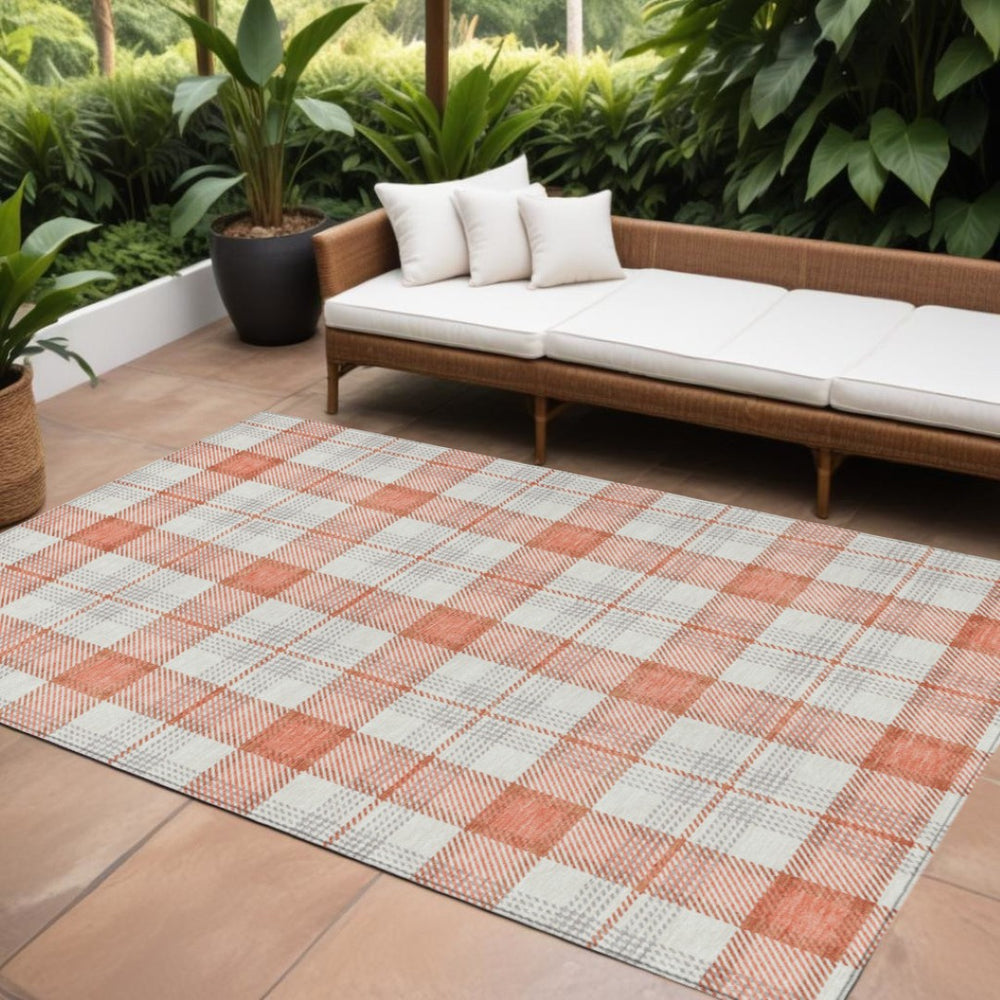 HomeRoots 9' X 12' Coral and Beige Plaid Area Rug - Stylish, Washable Indoor/Outdoor Decor for High-Traffic Spaces 601324