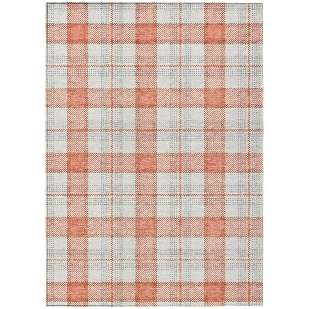HomeRoots 9' X 12' Coral and Beige Plaid Area Rug - Stylish, Washable Indoor/Outdoor Decor for High-Traffic Spaces 601324