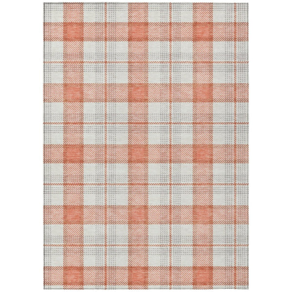 HomeRoots 9' X 12' Coral and Beige Plaid Area Rug - Stylish, Washable Indoor/Outdoor Decor for High-Traffic Spaces 601324