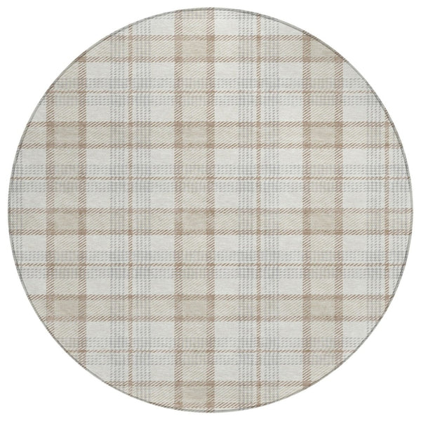 HomeRoots 5' Durable Linen and Brown Plaid Area Rug - Washable, Stylish, and Versatile for Indoor or Outdoor Use 8' Round 601328
