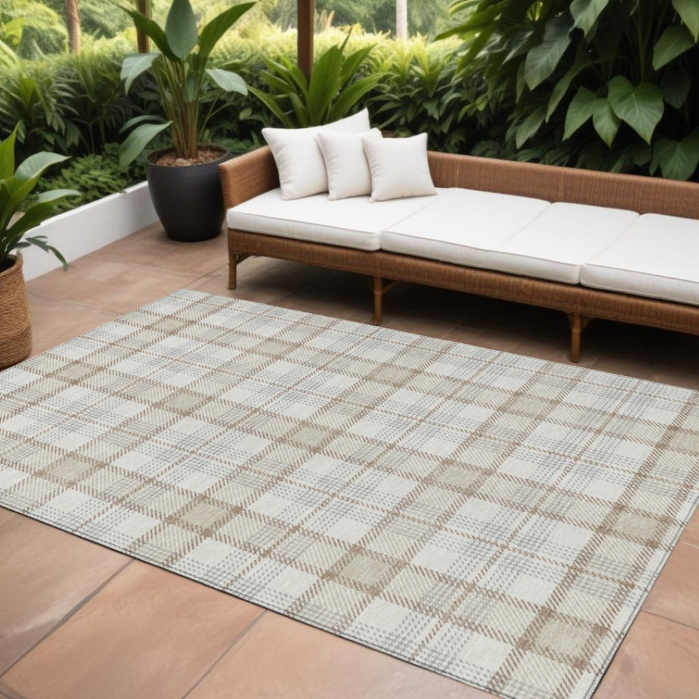 HomeRoots 5' Durable Linen and Brown Plaid Area Rug - Washable, Stylish, and Versatile for Indoor or Outdoor Use 8' X 10' 601329