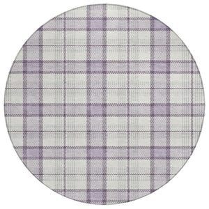 HomeRoots 5' Stylish Lavender Purple and Gray Plaid Area Rug for Indoor and Outdoor High-Traffic Spaces 8' Round 601334