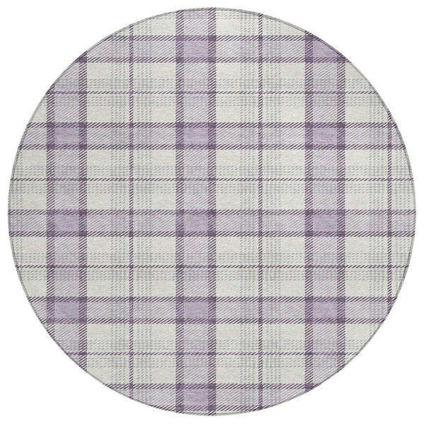 HomeRoots 5' Stylish Lavender Purple and Gray Plaid Area Rug for Indoor and Outdoor High-Traffic Spaces 8' Round 601334