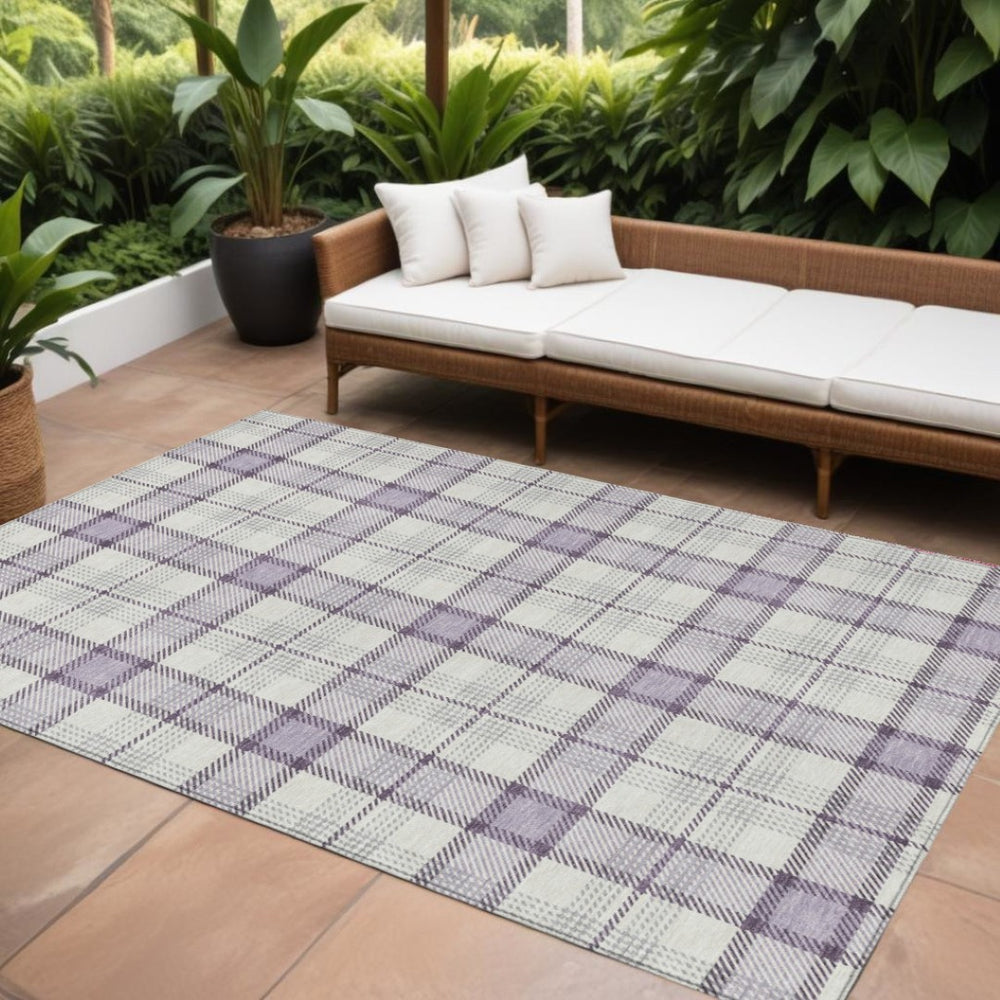 HomeRoots 9' X 12' Stylish Lavender Gray Plaid Washable Area Rug for Indoor/Outdoor Durability & Easy Care 601336