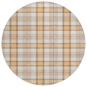 HomeRoots 5' Peach and Beige Plaid Area Rug - Durable, Washable, Indoor/Outdoor Solution for Stylish Spaces 8' Round 601346